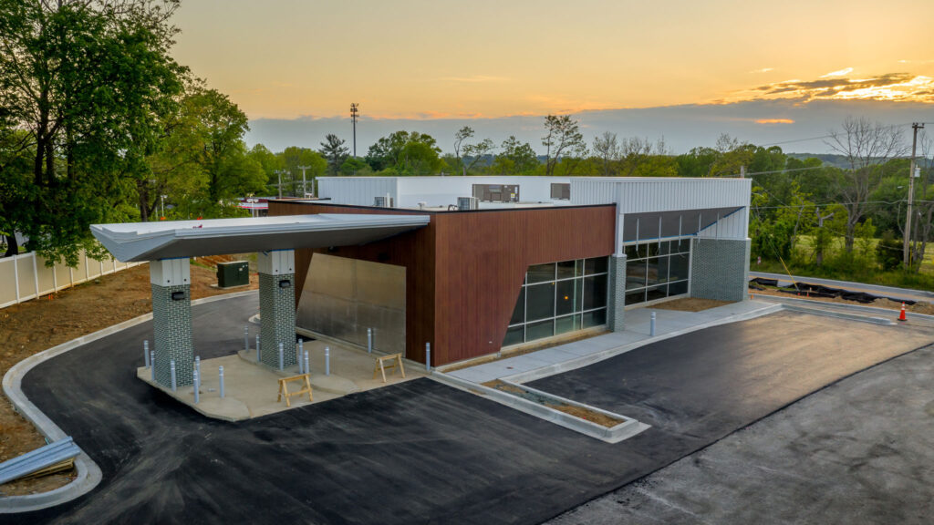 Bank building with drive-up ATMs